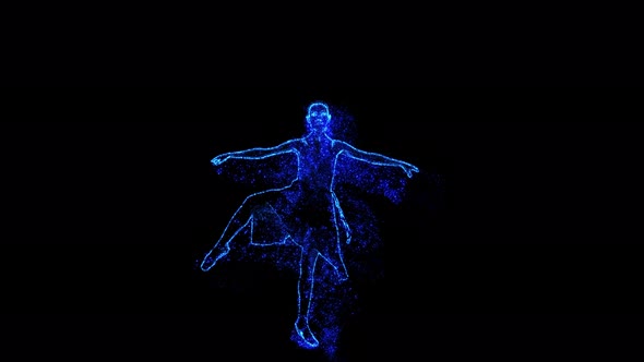 Ballerina of Blue and Gold Particles Performs a Dance Element From Classical Ballet