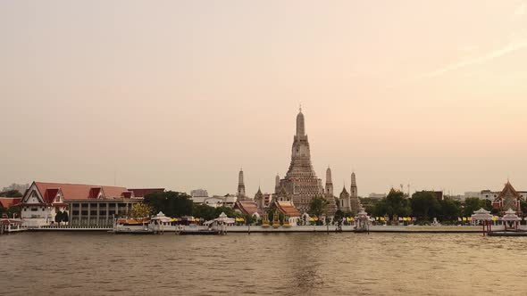 Bangkok Skyline City Scene, Thailand, Wat Arun Buddhist Temple and River Orange Sunset Cityscape, Be