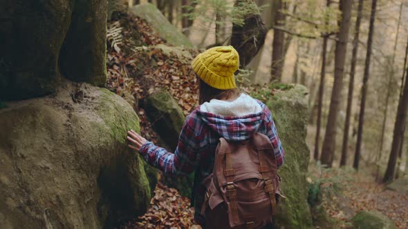 Camera Follows Travel Woman with Backpack Touching a Huge Stone with Green Moss