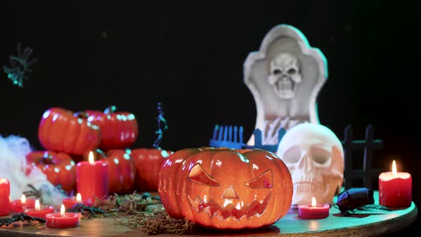 Dolly Shot of Still Life Halloween Decorated Table