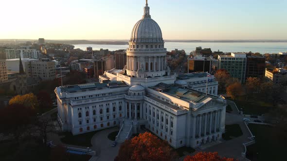 State capitol in madison downtown city in wisconsin aerial footage