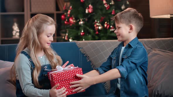 Cute Little Boy Giving Red Wrapped Gift Box to Happy Girl Congrats Winter Holiday Xmas Eve at Home