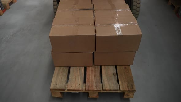 Pallet of Goods in Boxes Moved By Warehouse Loader