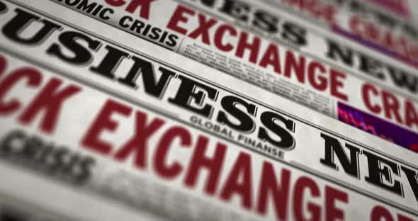 Business review newspapers with stock exchange crash printing loopable