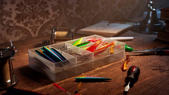 Fishing accessories in a box on a wooden desk. Colourful fish-baits and tools.