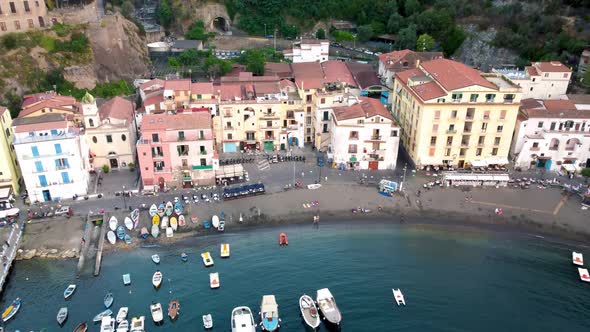 Aerial View of Beautiful Sorrento Beach and Port at Summer Sunset Amalfi Coast  Italy