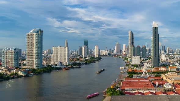 Time lapse of aerial view of the ferris wheel, Asiatique The Riverfront in Bangkok, Thailand.