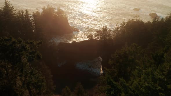 Scenic Natural Arch on Pine Forest Coast in Golden Sunset Light Natural Bridge