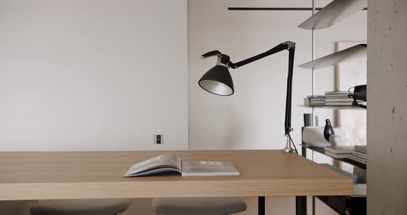 Modern Dining Area of Natural Wood Minimalist Apartment with Lamp Black Faucet
