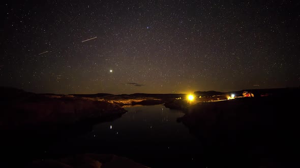 Time lapse of stars over campsites by lake