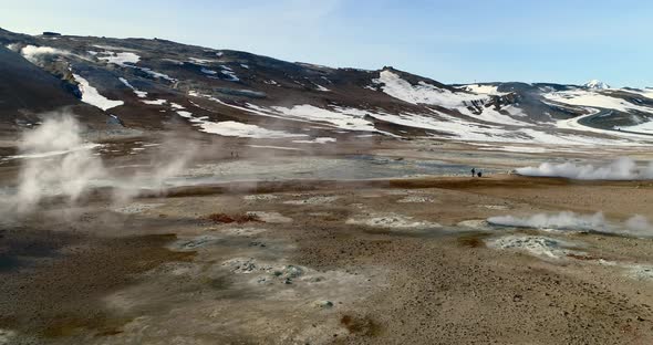 aerial, steam coming from the fumaroles and bubbling mud pits at Hverir Geothermal Field, Iceland