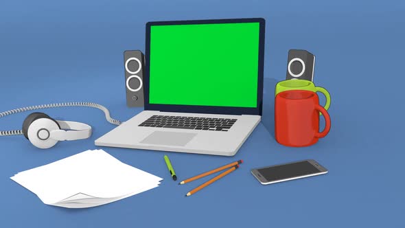 Animation showing office supplies like laptop, speakers or computer monitor.