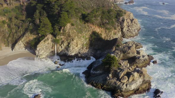 Forward Aerial Pan of McWay Falls on the Coast of Big Sur Along State Route 1