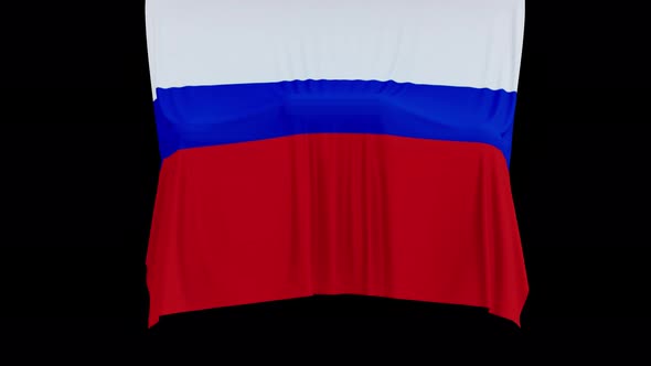 The piece of cloth falls with the flag of the State of Russia to cover the product