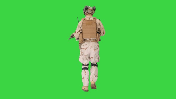 US Army Ranger in Combat Uniform Walking on a Green Screen, Chroma Key.