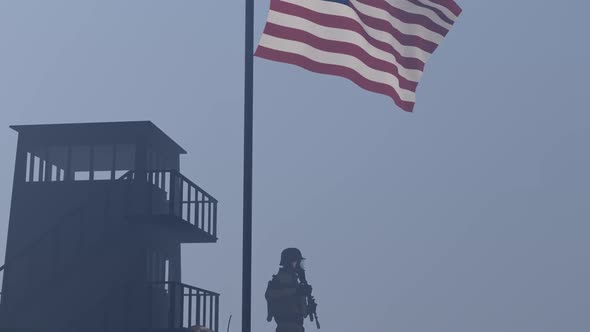 Soldier Guarding the Border Under the American Flag