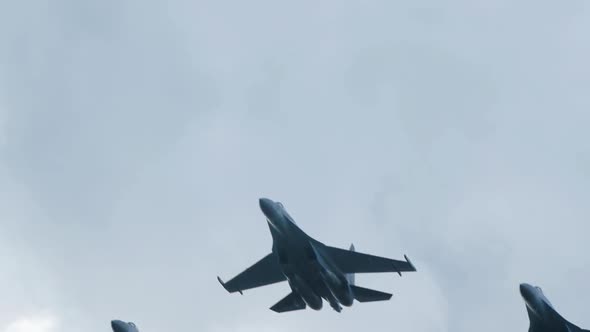 Military Aircraft Su 35 Fly To War in Slow Motion. Airplanes Soar in the Air