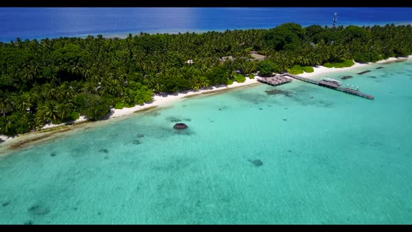 Aerial top down travel of tropical tourist beach time by turquoise sea with white sand background of