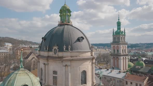 Aerial City Lviv, Ukraine. European City. Popular Areas of the City. Dominican