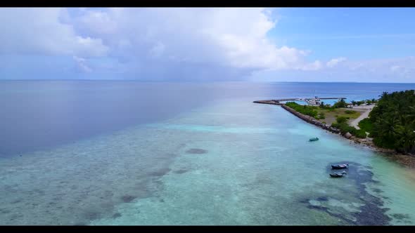 Aerial top down abstract of perfect bay beach trip by turquoise ocean and bright sand background of 