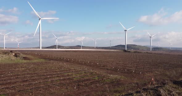 Aerial view of wind turbine farm in a grassland, Golan Heights, Israel.