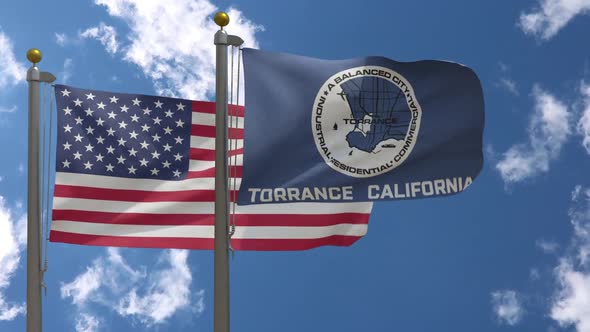 Usa Flag Vs Torrance City Flag California  On Flagpole