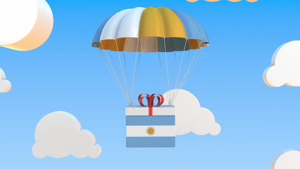 Box with National Flag of Argentina Falls with a Parachute