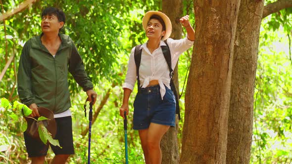 Happy senior couple hiking with trekking sticks at the forest.