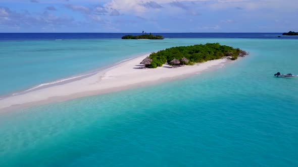 Aerial drone scenery of tourist beach journey by blue water and sand background