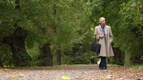 An Elderly Woman Strolls Down a Pathway Through a Park