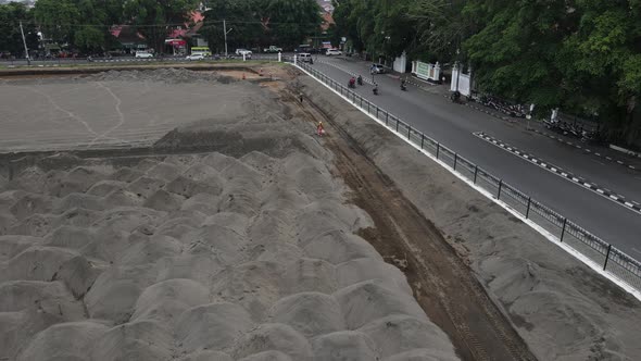 Aerial view of the Yogyakarta Palace (Keraton) field which is being replaced by white sand to mainta