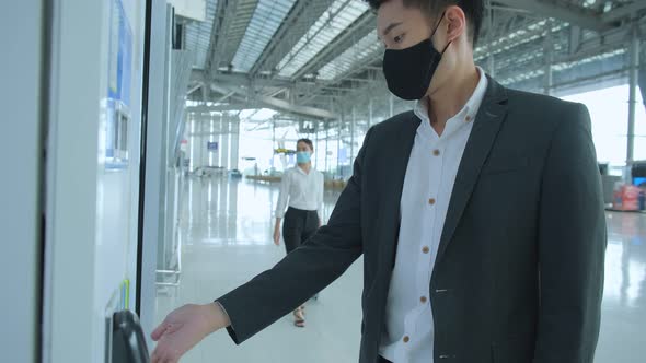 asian business people wear mask face protection business travel checking map and flight schedule