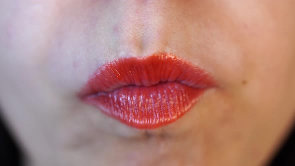 Women Lips Close-up. Red Lips Closeup in Studio Cheeky Mouth