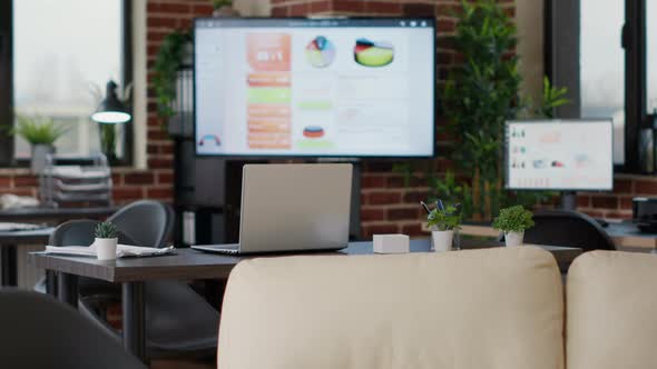 No People in Empty Company Office with Desks and Laptops