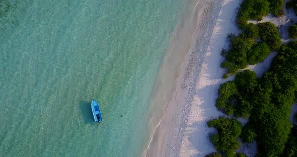 Beautiful overhead travel shot of a paradise sunny white sand beach and aqua blue water background i