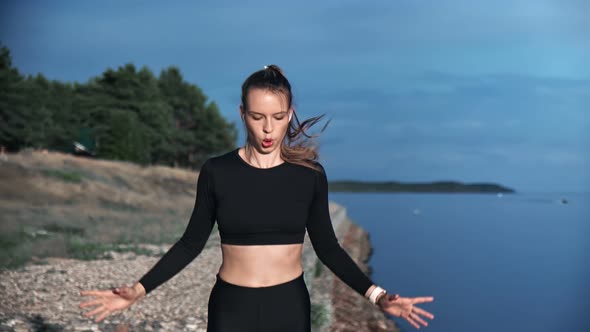 Fitness Woman Jumping Raising Hands Enjoying Cardio Training