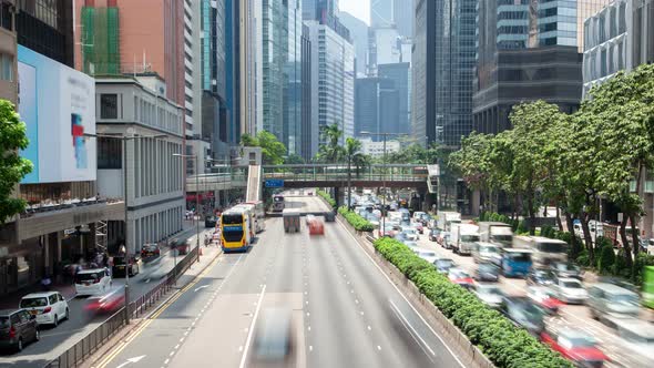 Timelapse Cars Drive Along Wide Hong Kong Street Highway