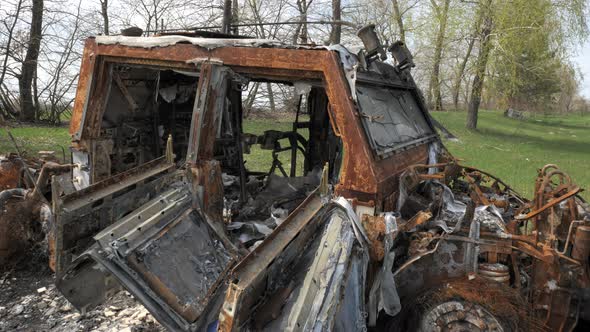 A Burnt and Destroyed Armored Car of the Russian Army As a Result of a Battle with Ukrainian Troops