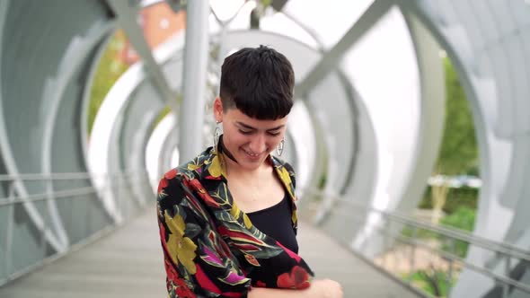 Woman in colorful shirt laughing