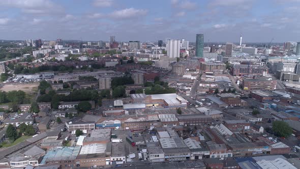 Right to left aerial shot above Birmingham city centre