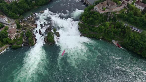 Drone view of The Rhine Falls (Rheinfall) in Switzerland, Europe