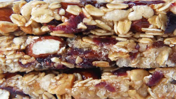 Detail Shot of Almond  Raisin and Oat Protein Bars on Table