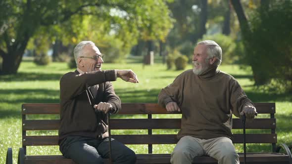 Two Senior Friends Laughing and Remembering Past Days, Both Disappearing, Loss