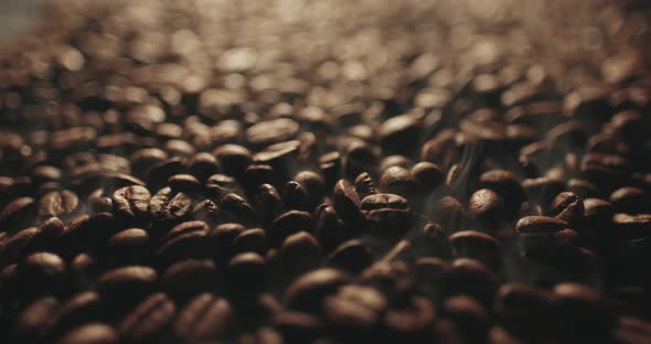 Fragrant Roasted Coffee Beans and Aromatic Hot Smoke Close Up