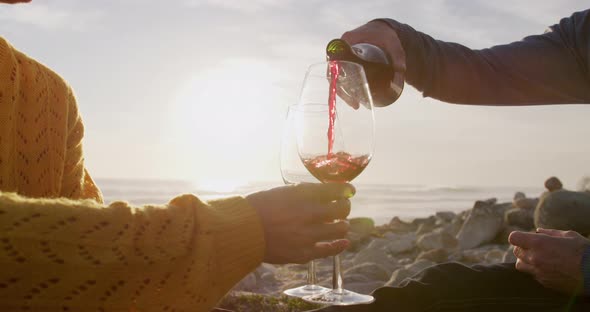 Man pouring wine for woman by the sea