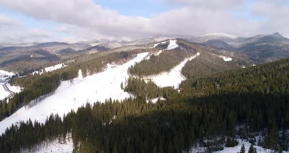 Aerial View of the Ski Resort in Mountains at Winter