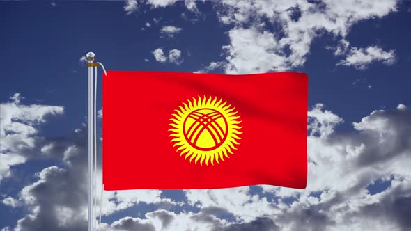 Flag Of Kyrgyzstan Waving With Blue Sky