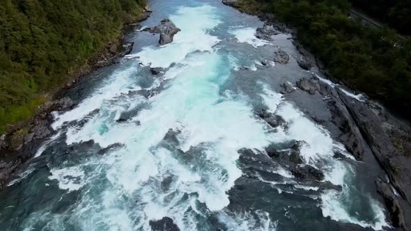 Dolly in aerial view of the Petrohue Falls in southern Chile.
