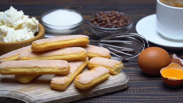 Ingredients for Cooking Tiramisu - Savoiardi Biscuit Cookies, Mascarpone, Cream, Sugar, Cocoa