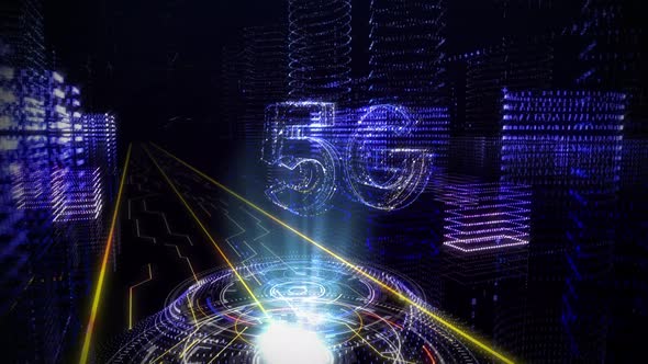 Futuristic holographic projection of the words 5G made with computer graphics alt